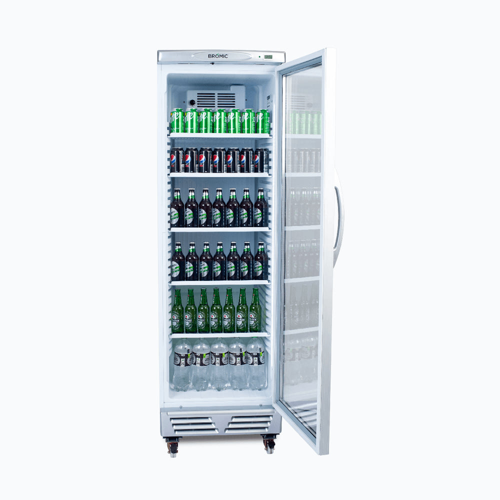 Bromic GM0374-NR – Upright Display Fridge - 372L - 1 Door - Flat Glass - White with Silver Trim