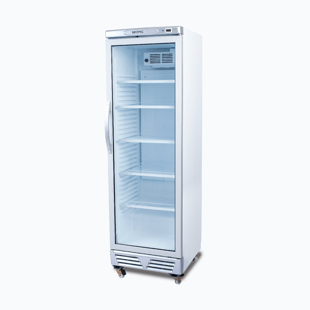 Bromic GM0374-NR – Upright Display Fridge - 372L - 1 Door - Flat Glass - White with Silver Trim