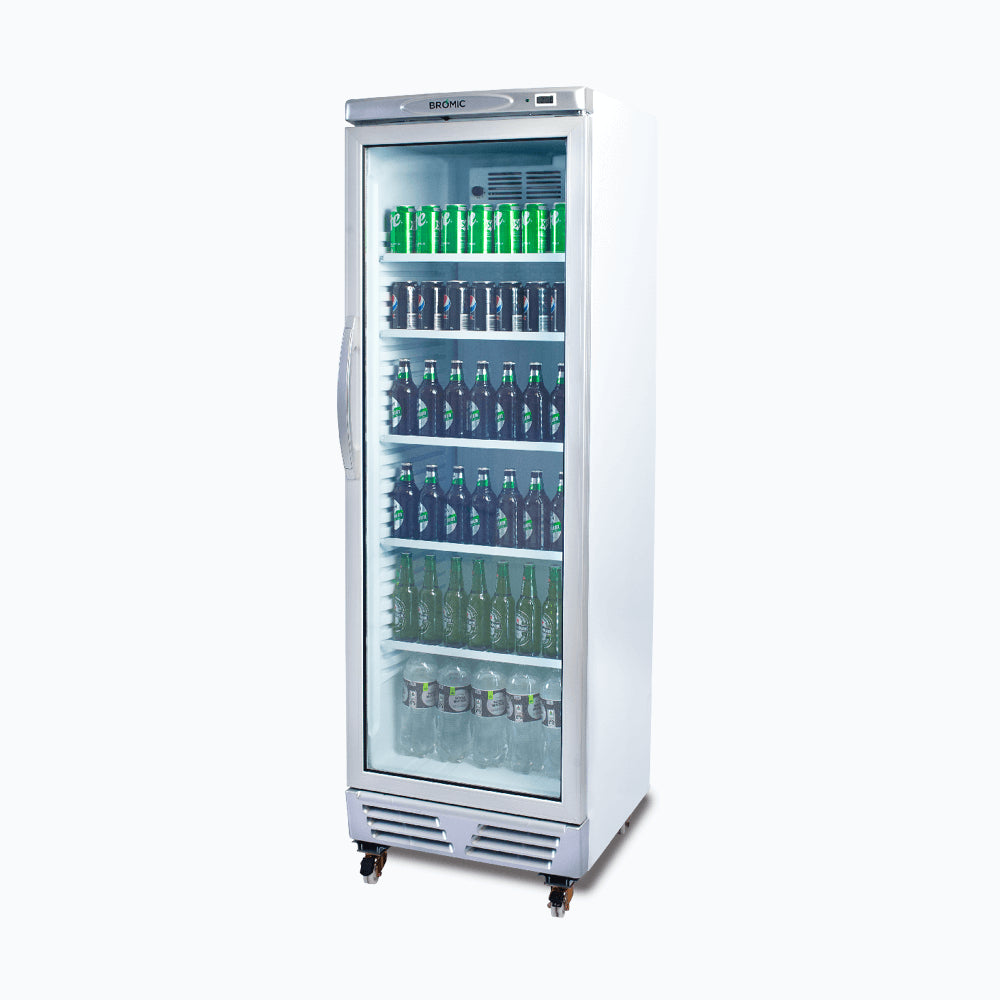 Bromic GM0374-NR – Upright Display Fridge - 372L - 1 Door - Flat Glass - White with Silver Trim