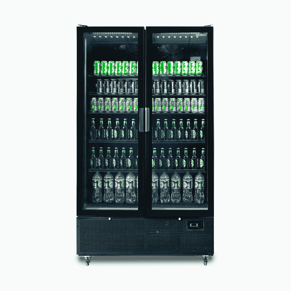 Bromic GM1100B-NR – Upright Display Fridge - 1126L - 2 Door - Flat Glass - Black