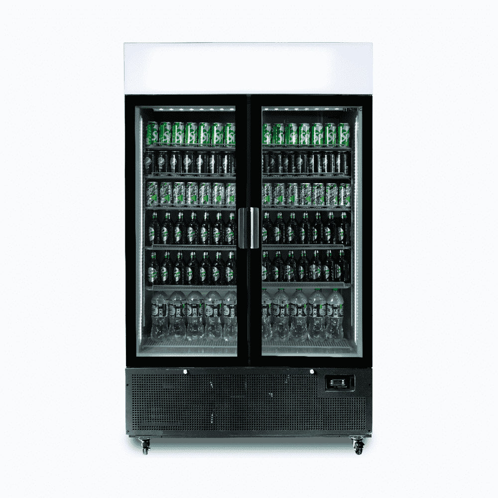 Bromic GM1100LB-NR – Upright Display Fridge - 1082L - 2 Door - Flat Glass - Lightbox - Black