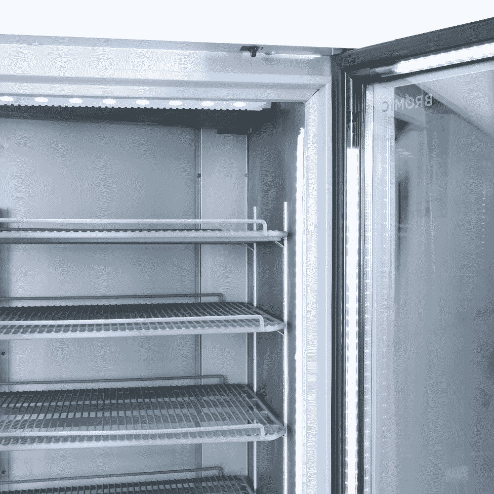 Bromic GM1100LS-NR – Upright Display Fridge - 1082L - 2 Door - Flat Glass - Lightbox - Silver
