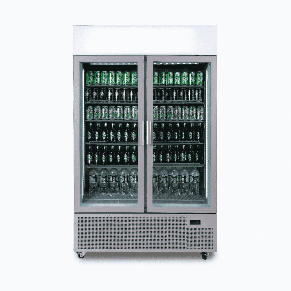 Bromic GM1100LS-NR – Upright Display Fridge - 1082L - 2 Door - Flat Glass - Lightbox - Silver