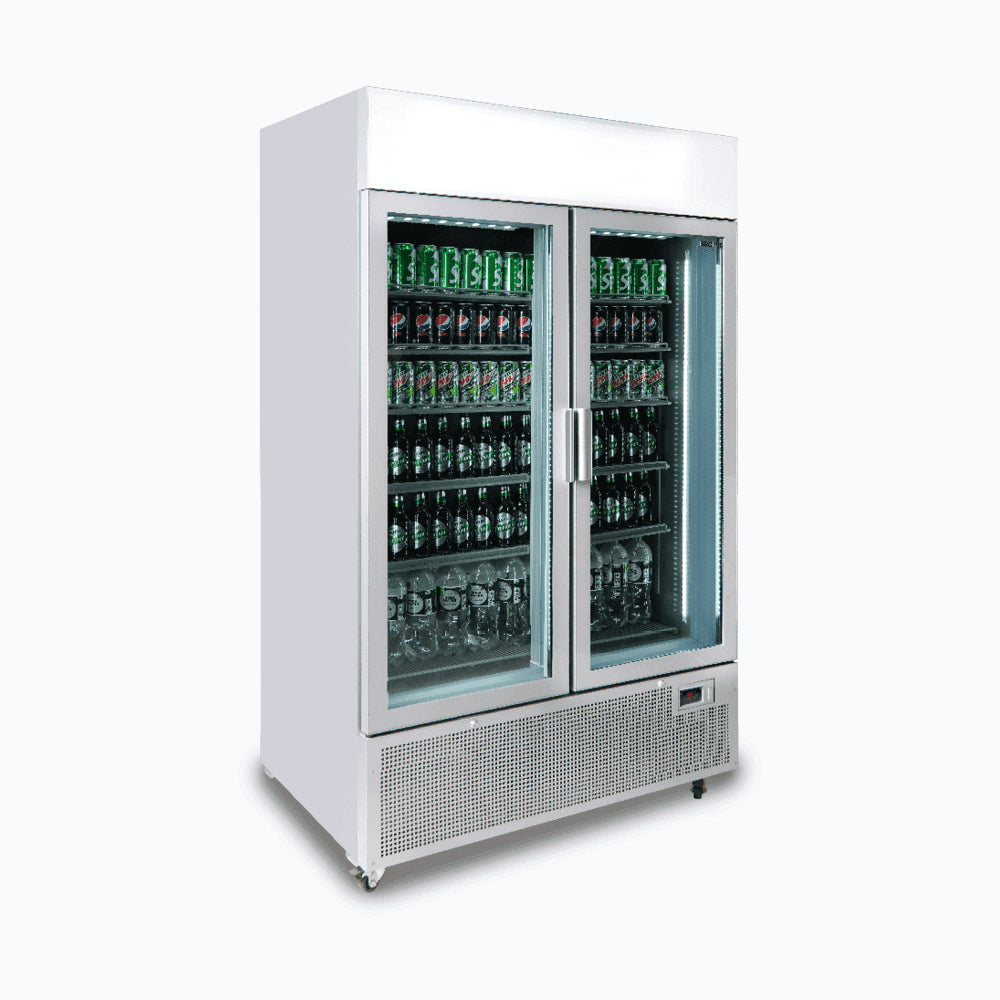 Bromic GM1100LS-NR – Upright Display Fridge - 1082L - 2 Door - Flat Glass - Lightbox - Silver