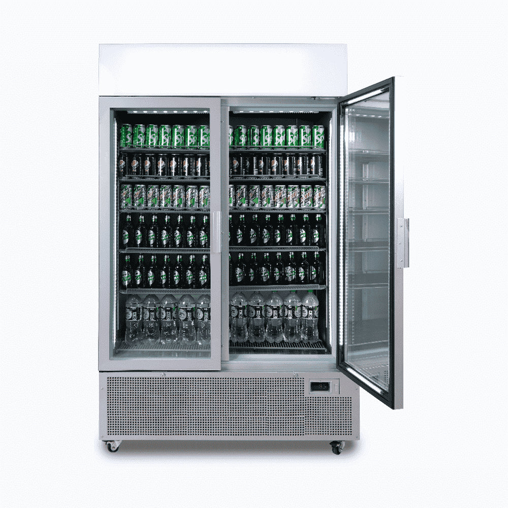 Bromic GM1100LS-NR – Upright Display Fridge - 1082L - 2 Door - Flat Glass - Lightbox - Silver