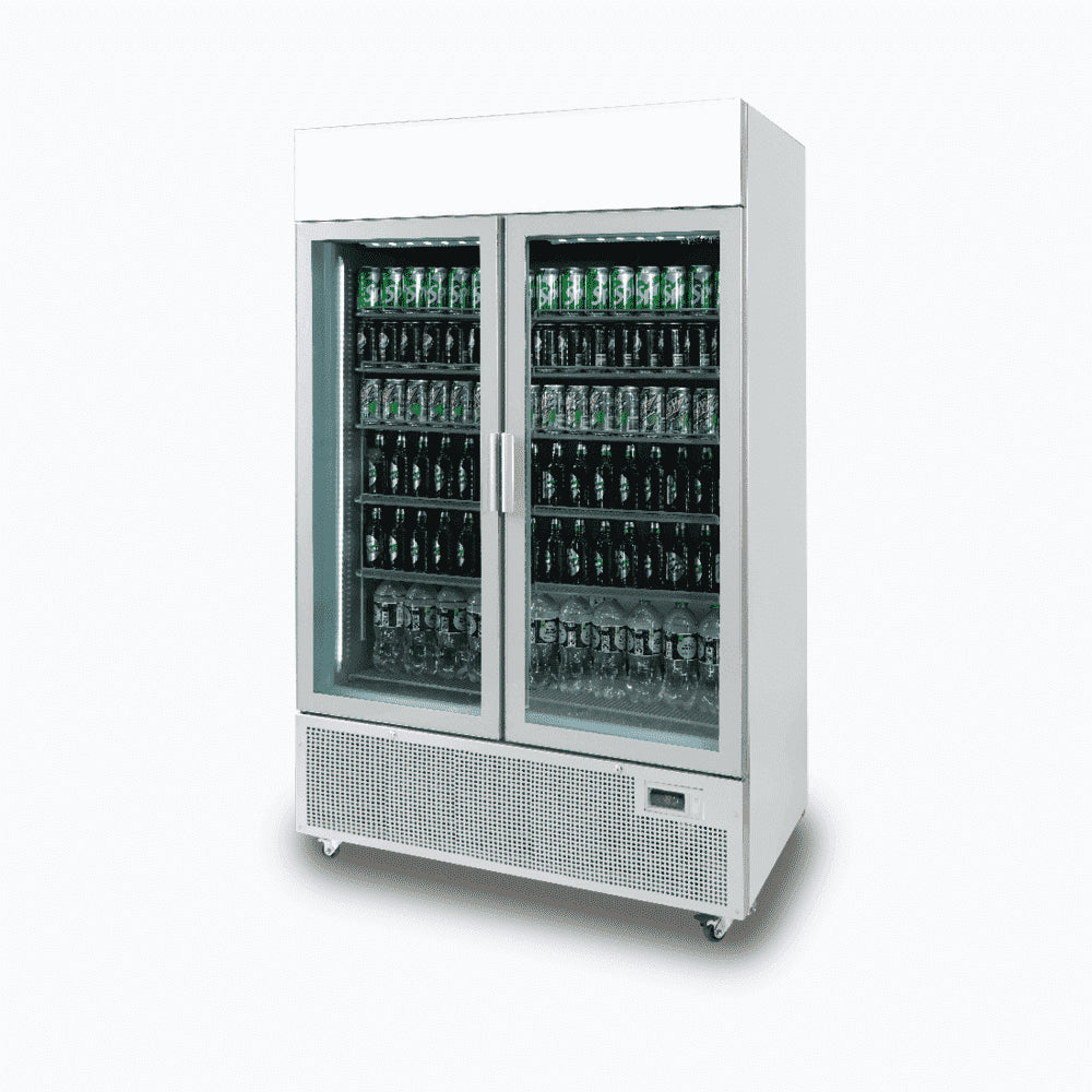 Bromic GM1100LS-NR – Upright Display Fridge - 1082L - 2 Door - Flat Glass - Lightbox - Silver