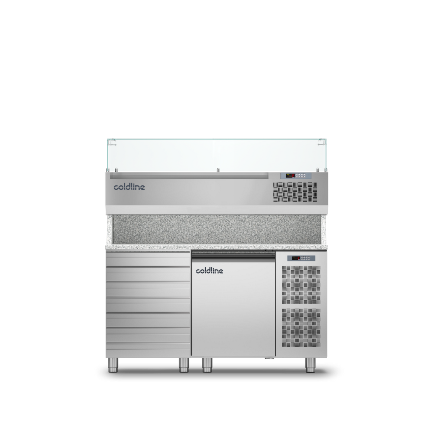 Coldline - 1 Door + Drawers Pizza Preparation Counter with Granite worktop -2°+8°C and Display Case -2 +10°C - TZ09/1MC VP