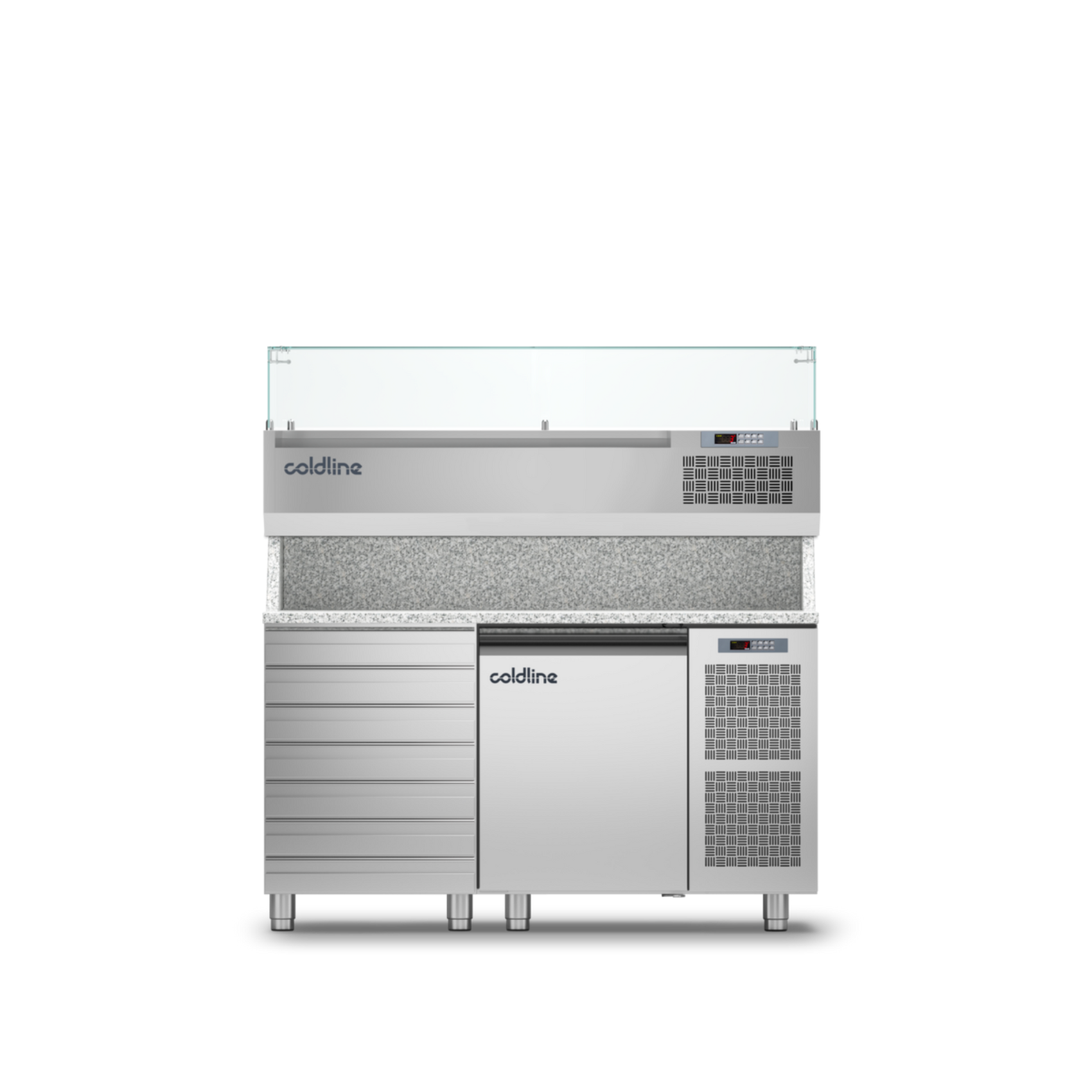 Coldline - 1 Door + Drawers Pizza Preparation Counter with Granite worktop -2°+8°C and Display Case -2 +10°C - TZ09/1MC VP