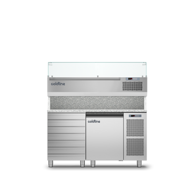 Coldline - 1 Door + Drawers Pizza Preparation Counter with Granite worktop -2°+8°C and Display Case -2 +10°C - TZ09/1MC VP