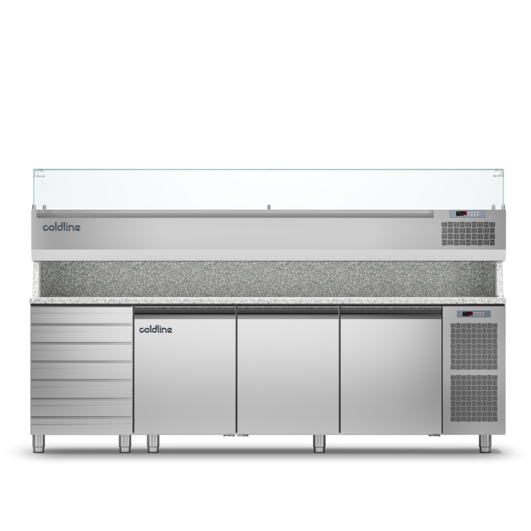 Coldline - 3 Door + Drawers Pizza Preparation Counter with Granite worktop -2°+8°C and Display Case -2 +10°C - TZ17/1MC VP