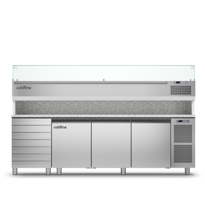 Coldline - 3 Door + Drawers Pizza Preparation Counter with Granite worktop -2°+8°C and Display Case -2 +10°C - TZ17/1MC VP