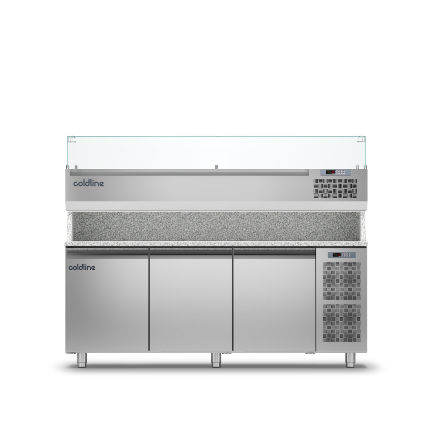 Coldline - 3 Door Pizza Preparation Counter with Granite worktop -2°+8°C and Display Case -2 +10°C - TZ17/1M VP