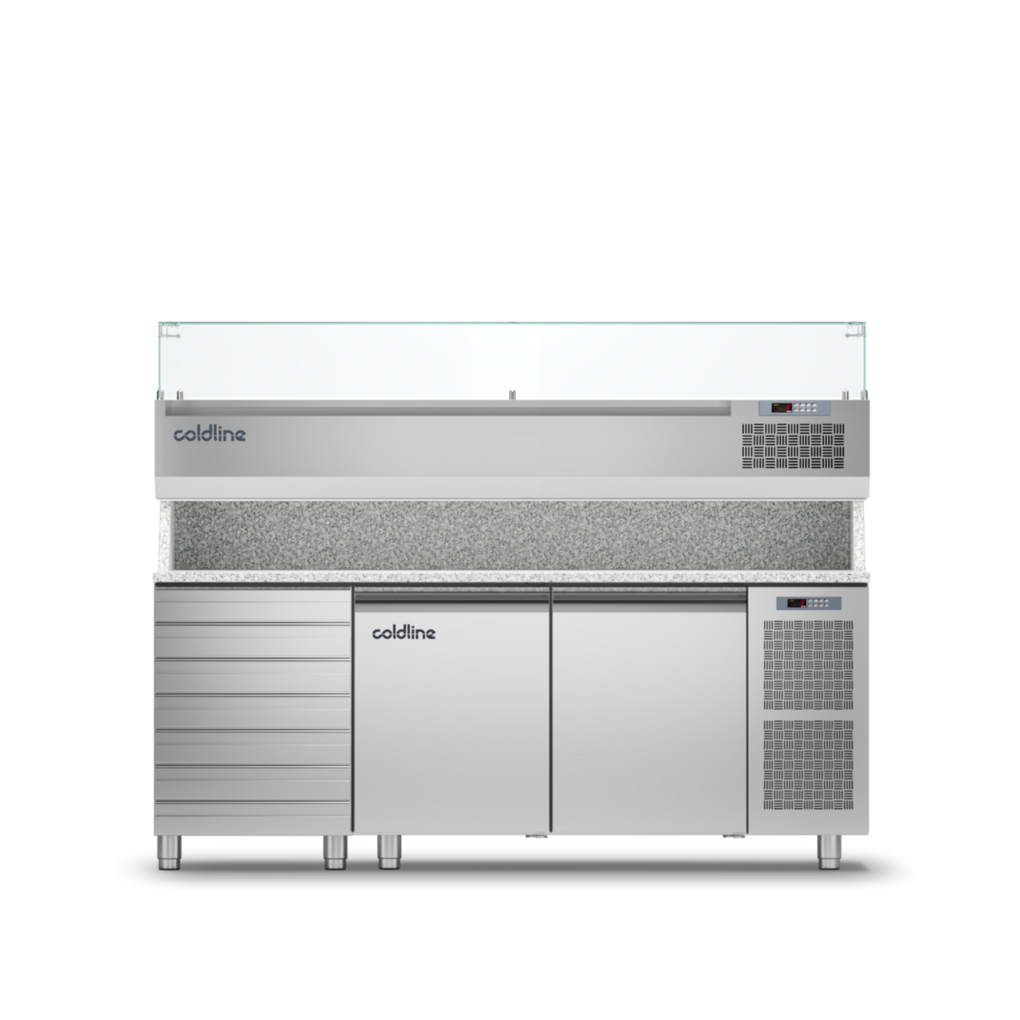 Coldline - 2 Door + Drawers Pizza Preparation Counter with Granite worktop -2°+8°C and Display Case -2 +10°C - TZ13/1MC VP