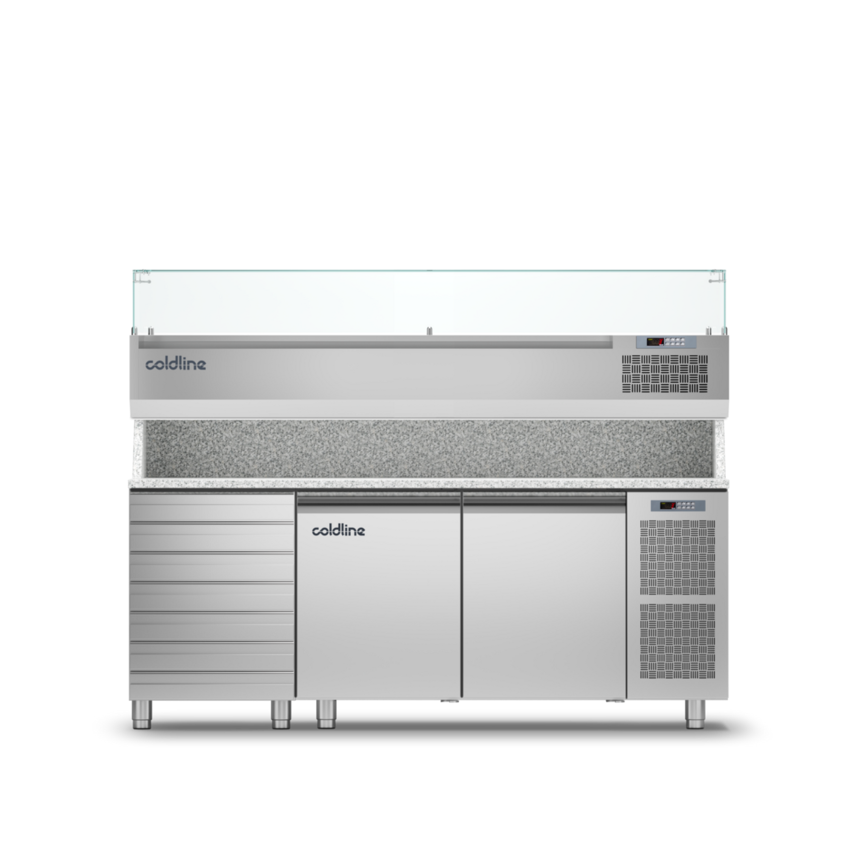 Coldline - 2 Door + Drawers Pizza Preparation Counter with Granite worktop -2°+8°C and Display Case -2 +10°C - TZ13/1MC VP
