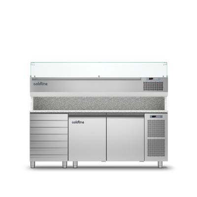 Coldline - 2 Door + Drawers Pizza Preparation Counter with Granite worktop -2°+8°C and Display Case -2 +10°C - TZ13/1MC VP
