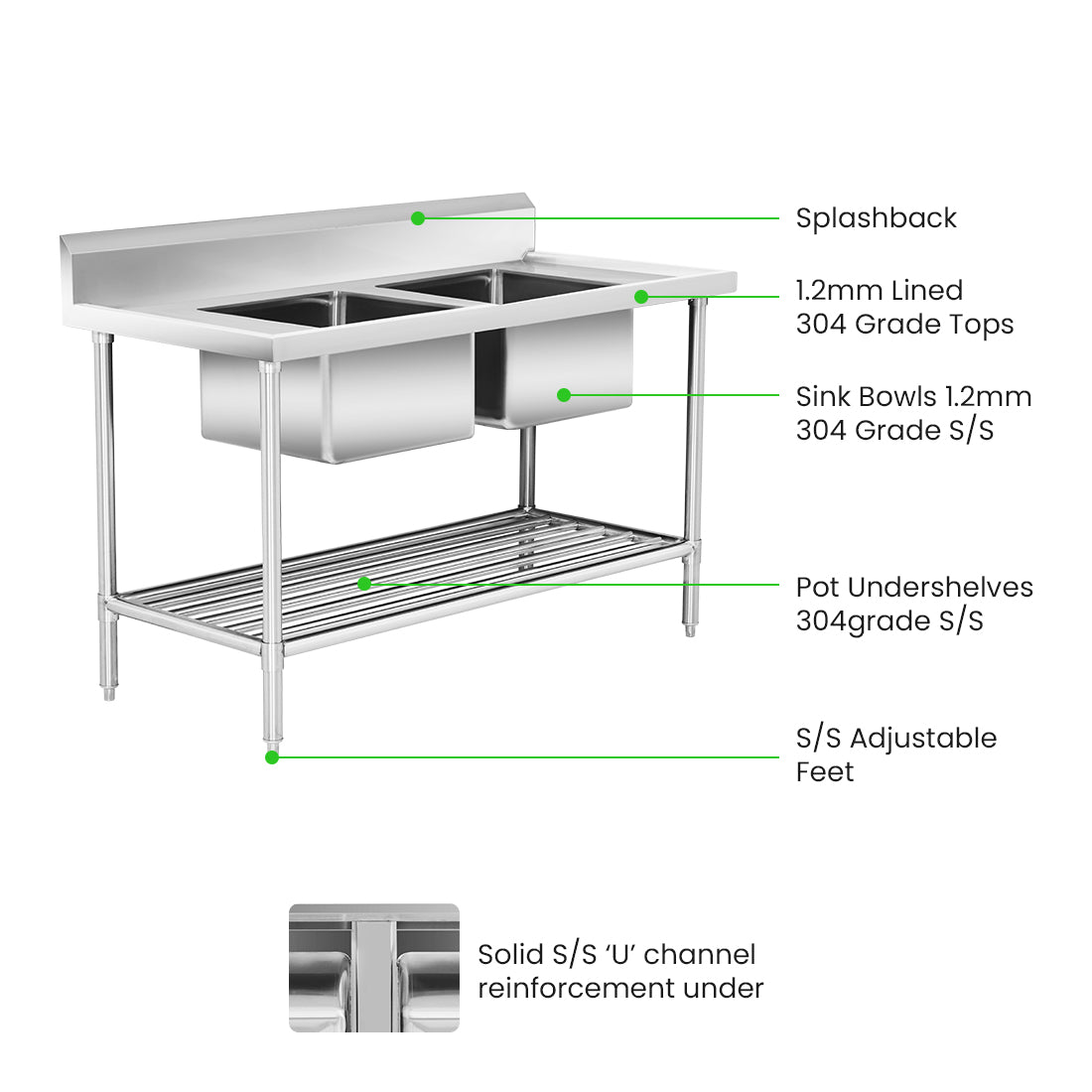 Modular System Double Centre Sink Bench with Pot Undershelf – DSB7-1500C/A