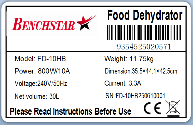 Benchstar Food Dehydrator with 10 trays  FD-10HB