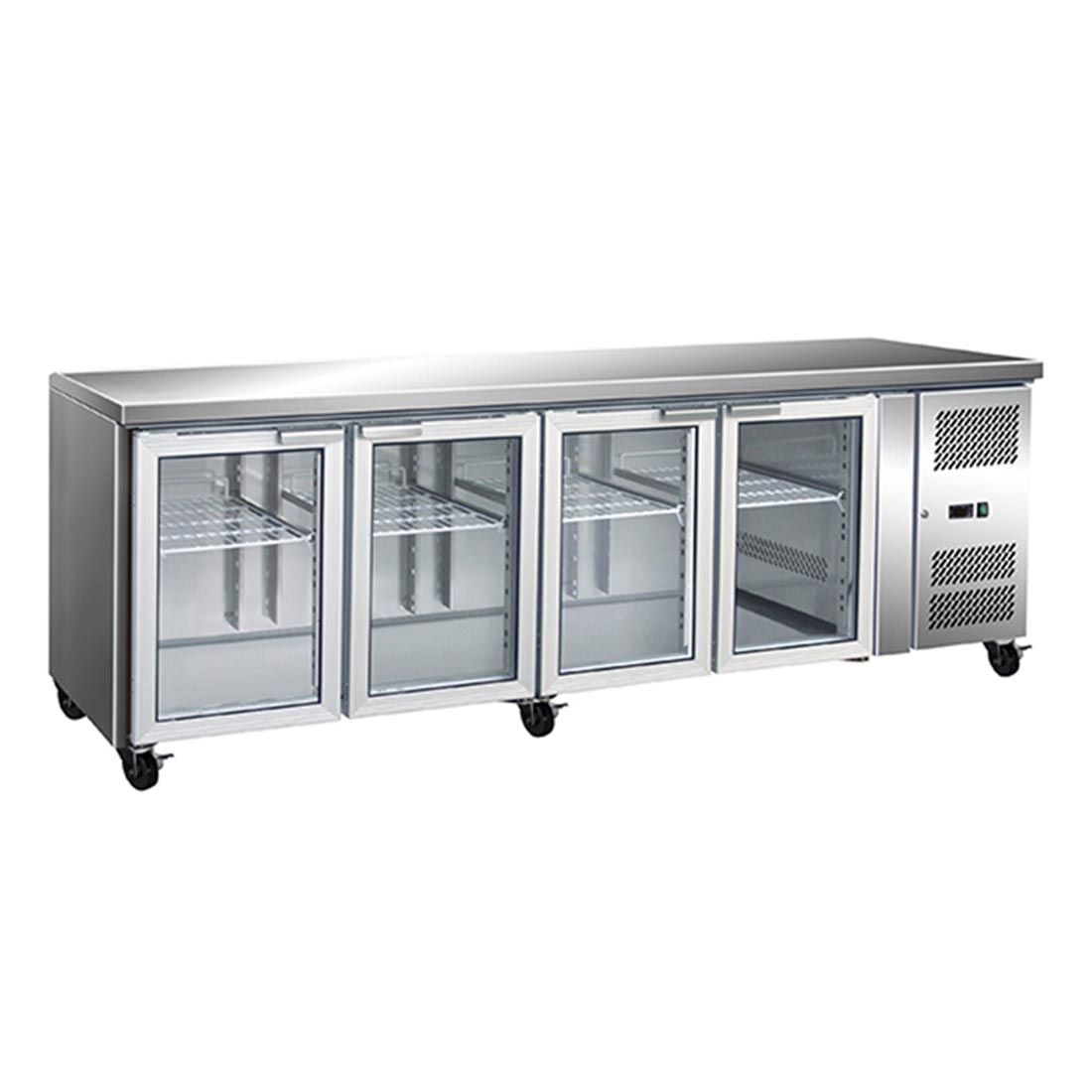 GN4100TNG – 4 Glass Door Gastronorm Bench Fridge