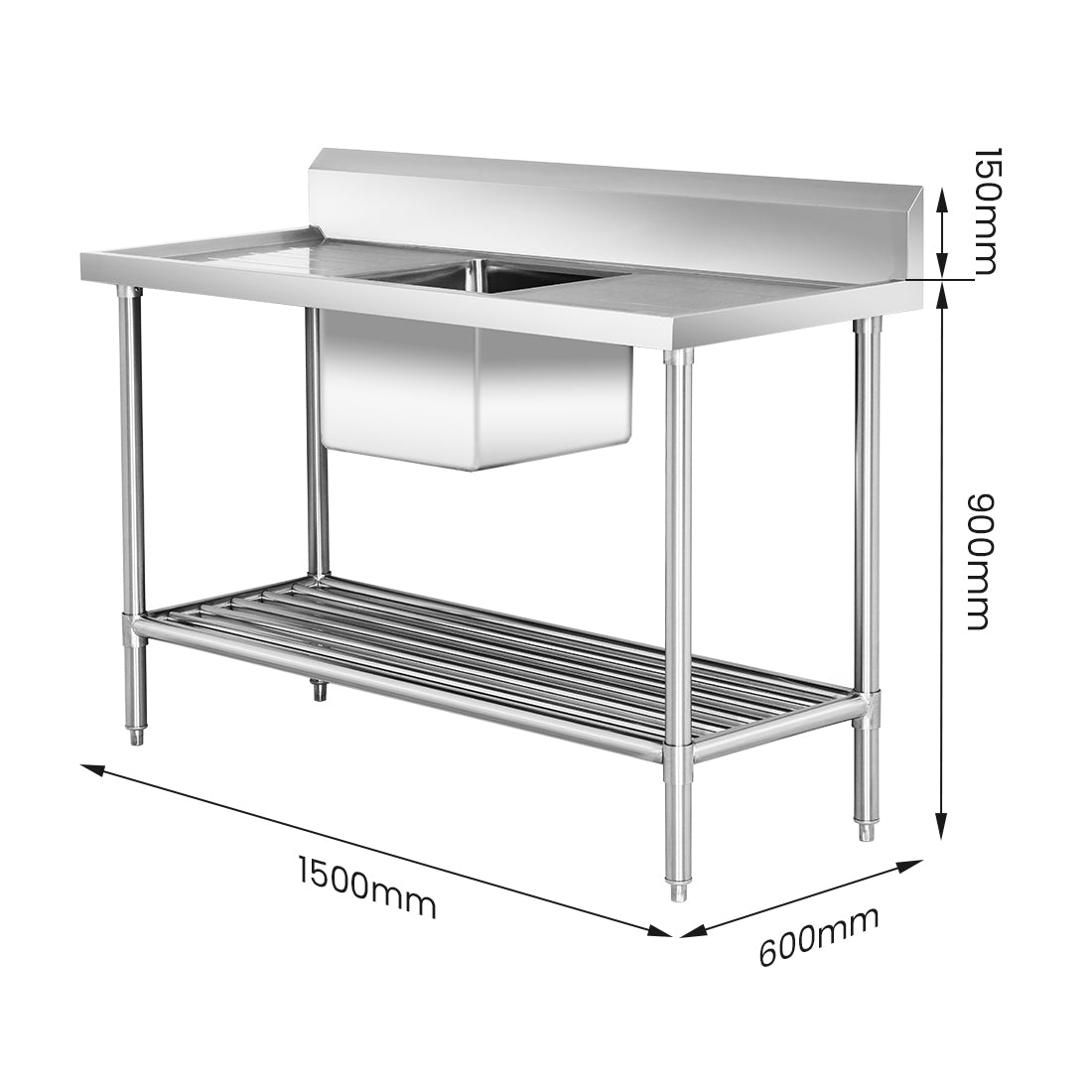 Single Centre Sink Bench & Pot Undershelf SSB6-1500C/A